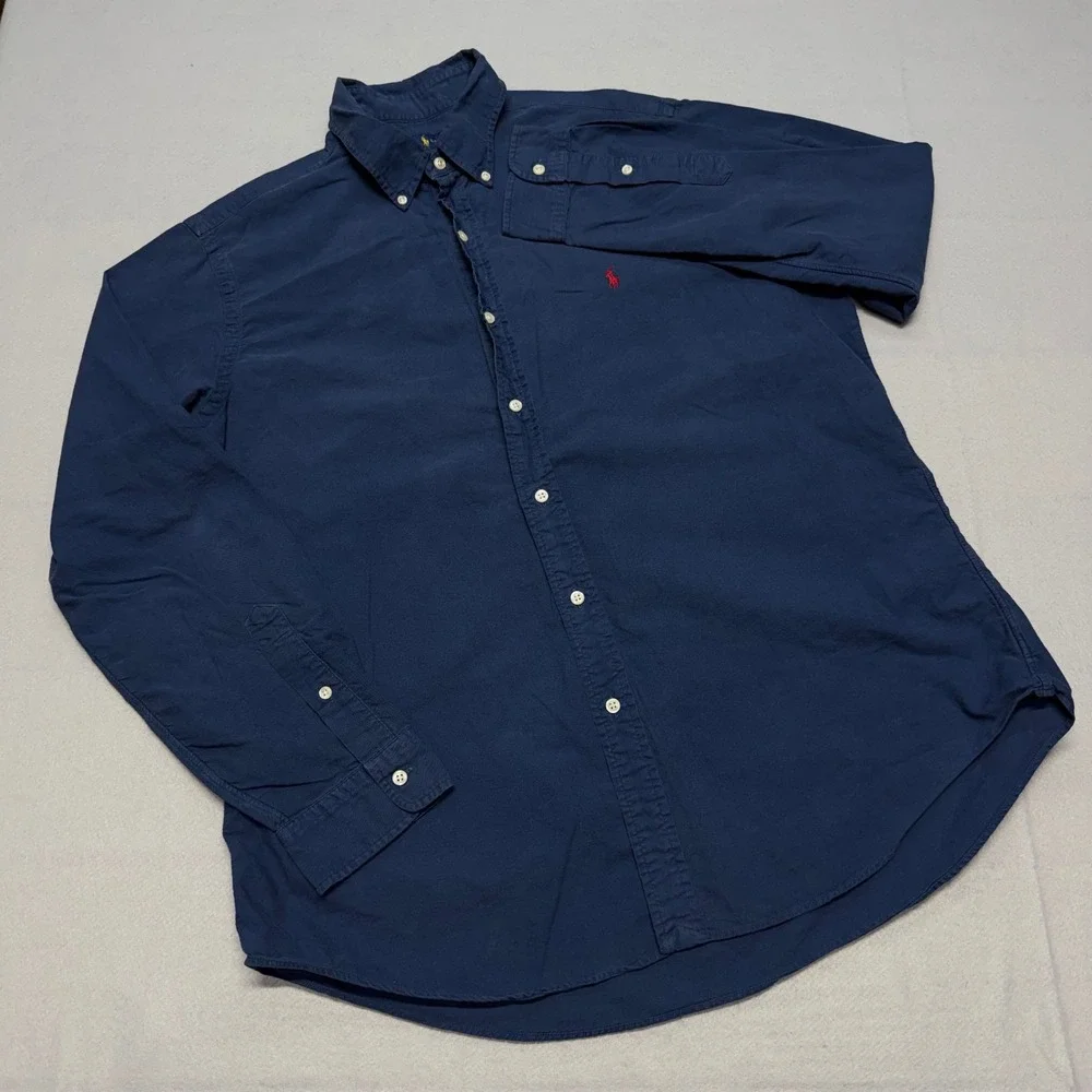Ralph Lauren Button Down Shirt Mens XL Navy Blue Cotton Long Sleeve Red Pony